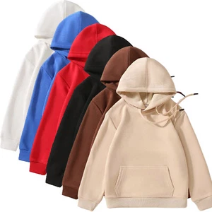 Kids Girls Pullover Drawstring Hooded Sweatshirts Solid Color Hoodie School Top - Picture 1 of 38