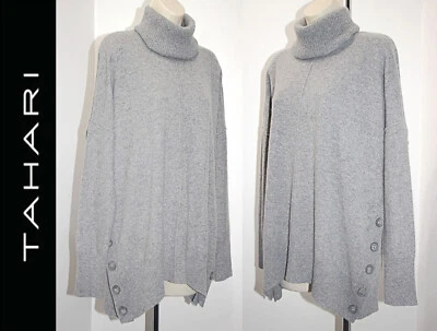 TAHARI 100% 2 CAPAS Cachemira Cuello Alto Botón Lateral Ultra Suave en Gris talla L a XL Foto 1 de 4