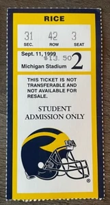 1999 Tom Brady Michigan vs Rice Ticket Stub Student Section Home Game 2 9/11/99 - Picture 1 of 2