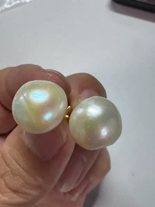 (25-8.6)  AAA+ 13mm real natural south sea white baroque pearl earring 14k-4# - Picture 1 of 6