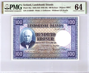 Iceland 100 Kronur 1928 (ND 1948-56) Pick 35a PMG 64 Choice UNC - Picture 1 of 19