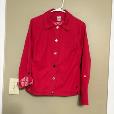 Chico’s Womens Pink Red Button Front Roll Tab Cuff Casual Jacket size 0/S/4 - Image 1 of 4