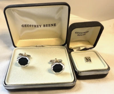 Juego de Gemelos y Corbatas Geoffrey Beene Vintage Tono Plateado Negro Octágono en Caja Foto 1 de 4
