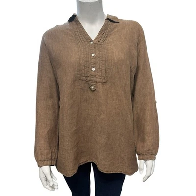 Blusa túnica 100 % lino CHICO'S talla 3 EE. UU. XL PINTUCK PLIEGUES POPOVER MARRÓN Foto 1 de 4