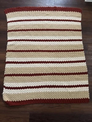 手工钩针阿富汗毯白色/薄色/红色棕色条纹毯 — 第 1/4 张图片
