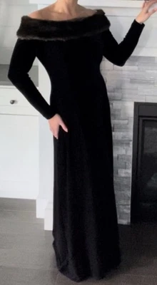 Vintage Stretch Velvet w/ Faux Fur Collar Off the Shoulder Lng Sleeve dress S 8 - Image 1 of 4