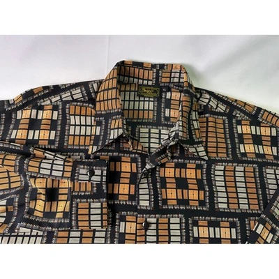 Monzini Collection VTG 70s Disco Shirt XL Abstract Geometric Black Orange USA - Image 1 of 4