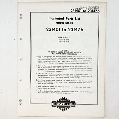 Vtg 1973 Briggs & Stratton 231401-231476 Illustrated Parts List - Image 1 of 2