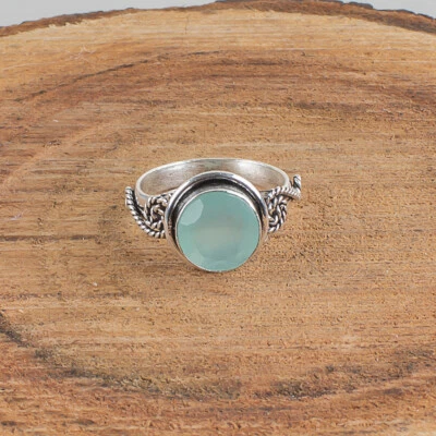 Anel feminino de pedra preciosa natural calcedônia aquática prata esterlina 925 presente - Imagem 1 de 4