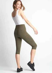 New Womens L Yoga High Waist Leggings Yummie Reversible Dark Green Capri Walk - Picture 1 of 9