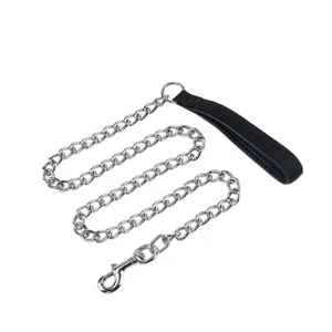 Heavy Duty Metal Dog Chain Short Lead with Strong Black Leather Style Handle - Picture 1 of 15