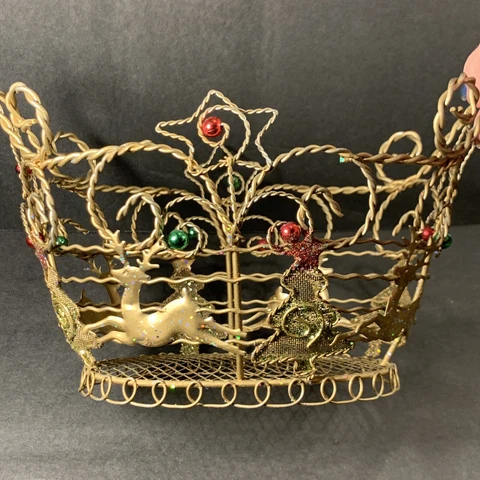 Vintage Gold Wire Handmade Christmas Basket~Reindeer~Trees~Beads~French Country Cover