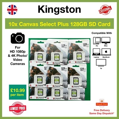 10x Kingston Canvas Select Plus 128GB SD Memory Card (SDXC), Wholesale, Bulk - Image 1 of 4