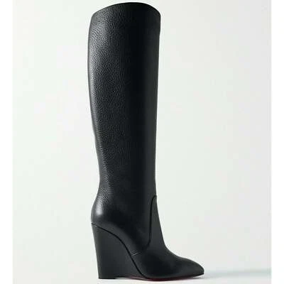 Christian Louboutin Civiliza 100 Black Calf Leather Knee High Wedge Heel Boot 38 - Image 1 of 4