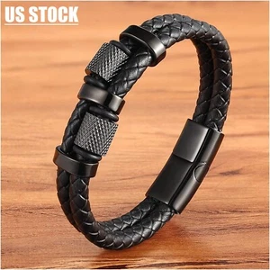 Men's Leather Braided Bracelet Punk Bracelet Bangle Magnetic Clasp for Strength - Picture 1 of 10