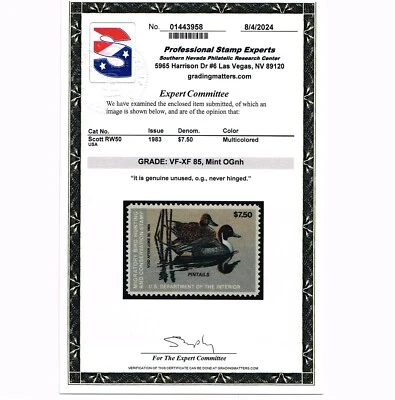 EXCELLENT GENUINE SCOTT #RW50 MINT PRISTINE OG NH PSE CERT GRADED VF-XF 85 - Image 1 of 3