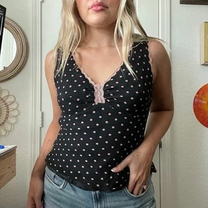 Vintage Y2K 2000s iCe Black & Pink 100% Silk Polka Dot Lace Trim Tank Sz 8 - Picture 1 of 4