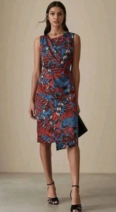 REISS Dion Cross Back Cocktail Dress UK 4 Red Blue Print NWT Wedding Guest Party - Picture 1 of 15