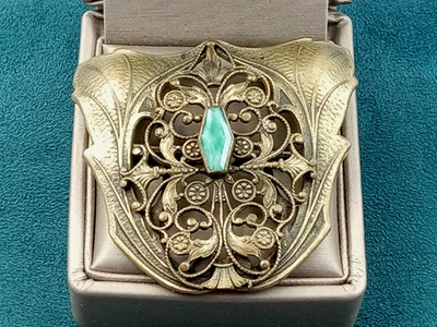 Antique Arts & Crafts Brass & Green Glass Leaf Pin, Brooch - C Clasp - 2" x 2" - Image 1 of 4