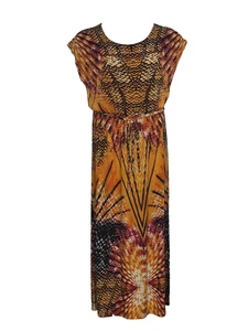 Women's large orange multi colored dolman sleeve elastic waist long dress w/belt - Picture 1 of 4
