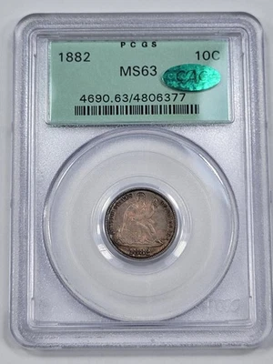 1882 10c Seated Liberty Dime PCGS MS63 CAC OGH Old Holder RAINBOW TONED *K101 - Image 1 of 4