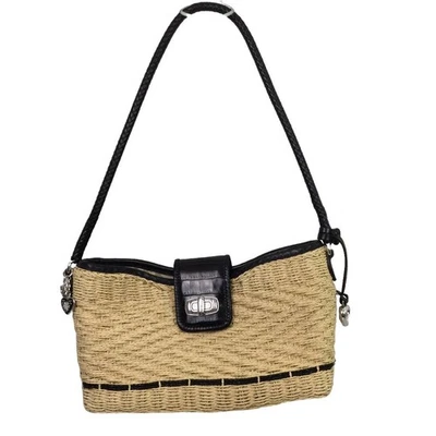 Baguete Brighton Cottagecore tecido creme palha couro preto alça trançada  - Imagem 1 de 4