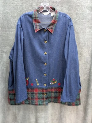 Camisa vaquera vintage con botones para mujer 2X bordado de profesor informal años 90 Foto 1 de 4