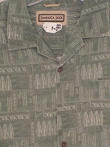 Jamaica Jaxx Mens 100% Silk Shirt XL Green Geometric Pattern Coconut Buttons - Picture 1 of 3