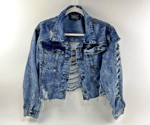Thrill Jeans Denim Fringe Distressed Cropped Jacket Ladies Extra Large Shredded - Picture 1 of 16