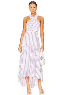 VERONICA BEARD Purple Blue Stripe Cotton Poplin Halter Asymmetric Maxi Dress 6 - Image 1 of 4