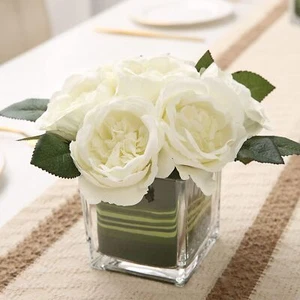 Cream Peony Faux Flower Centerpiece Silk Floral Arrangement Glass Vase Decor - Picture 1 of 7