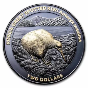 Nueva Zelanda - 2024 - Moneda a prueba de kiwi de 2 OZ - Kiwi Roroa a prueba negra - Imagen 1 de 5