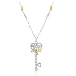 925 Silver 2-Tone Yellow Diamond Owl Heart Key Necklace - Picture 1 of 2