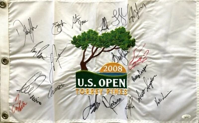 Dustin Johnson Jordan Spieth Els Rose Irwin Treviño firmado 2008 bandera abierta de Estados Unidos JSA Foto 1 de 2