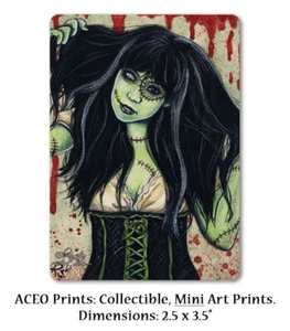 ACEO LE PRINT Art Gothic Halloween Frankenstein Monster Stitches Green Horror - Picture 1 of 3