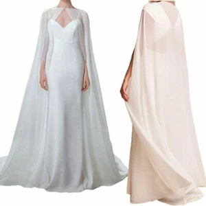 Long Cathedral Wedding Bridal Cape White Ivory long Wraps Jackets Chiffon  - Picture 1 of 9