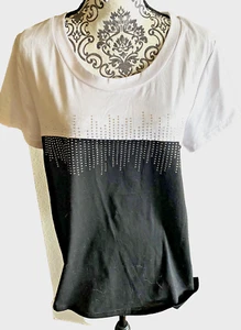 NWT XL blouse Allegra K black white rhinestone top XL Blouse Stretch Shirt New - Picture 1 of 7