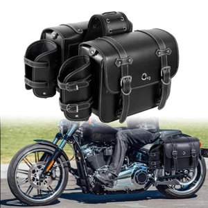 Motorcycle Side Saddle Bag w/ cup holder Luggage For Harley Softail Fatboy - Picture 1 of 12