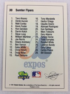 1991 Sumter Flyers-Classic BEST Minor Lg Baseball Card-Team Checklist