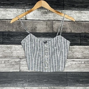 Express Womens Cropped Tank Top Size XS Linen Striped Gray Button Front NEW Top - Picture 1 of 9
