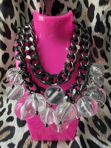 Betsey Johnson Vintage CHUNKY Runway HUGE Clear Lucite Ball Pewter Necklace RARE - Picture 1 of 9