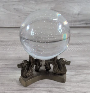 vintage “GREAT CITY TRADERS” Clear Glass SPHERE w/BRASS DRAGON HOLDER ball/stand - Picture 1 of 8