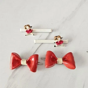 Vintage Girls Hair Barrettes Red Bows Ballerinas - Picture 1 of 6