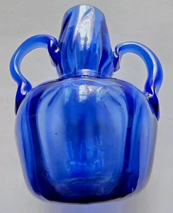 Vtg Avalos Mexican Cobalt Blue Hand Blown Vase Double Handled Glass Pontil 4.5" - Picture 1 of 6