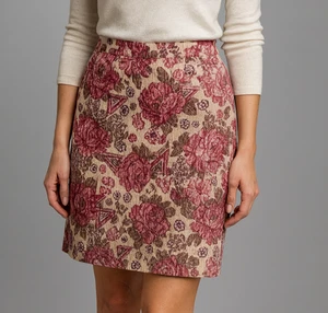 Laura Ashley Pencil Skirt Womens 12 Burgundy Floral Roses Corduroy Lined UK Made - Picture 1 of 9