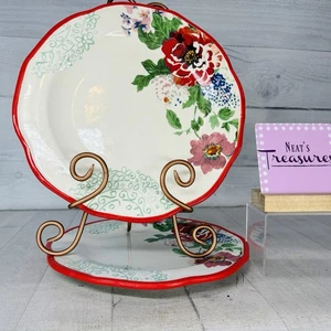 The Pioneer Woman COUNTRY GARDEN Scallop Floral Red Trim Stoneware Dinner Set 2 - Picture 1 of 20