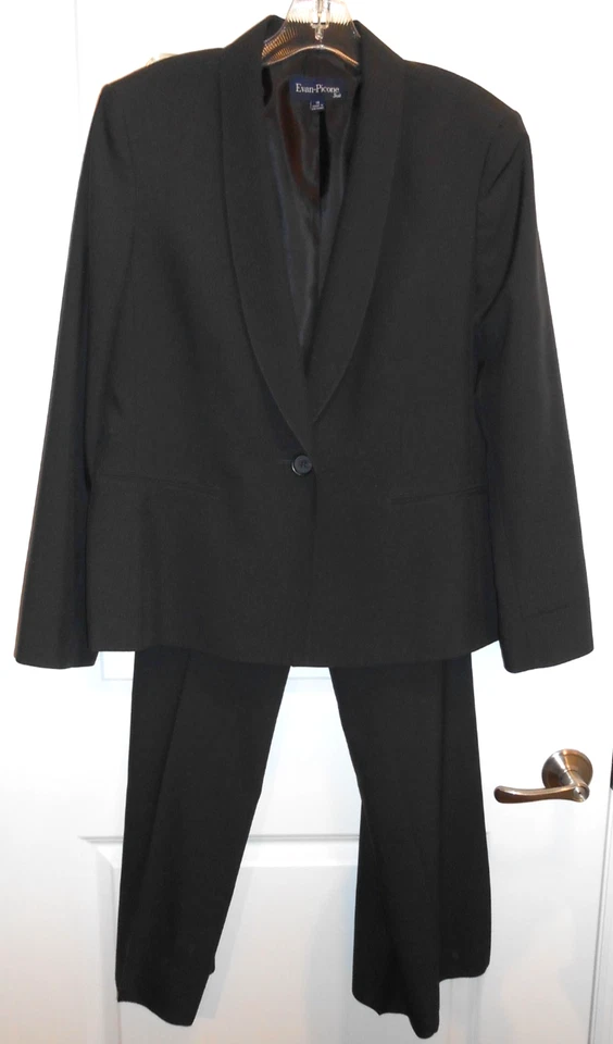 Mujer Pantalón Traje Negro Fino Pin Rayas, Forrado, 1 Botón Evan Picone Talla 16 Foto 1 de 3