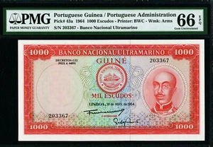 Guinea Portuguesa 1000 Escudos 1964 Pick-43a GEMA UNC PMG 66 EPQ - Imagen 1 de 2