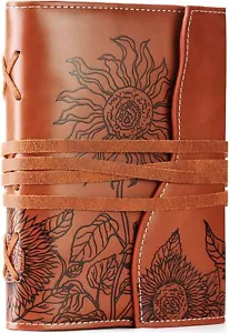 Brown Vegan Leather Journal , Refillable Lined Diary, Embossed Cover Notebook - Picture 1 of 16
