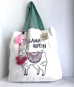 Wiederverwendbare Baumwoll-Lama-Tasche Reise stilvoll schwere Baumwolle cremefarben mit türkisfarbenem Griff neu - Bild 1 von 2